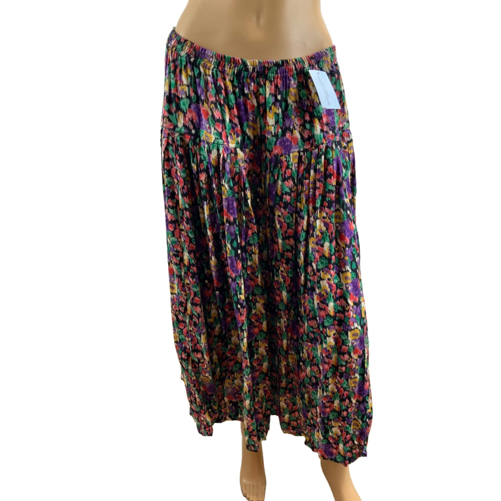 Boom Women's Maxi Skirt Size Large Black Purple Floral Cottagecore Elastic Waist